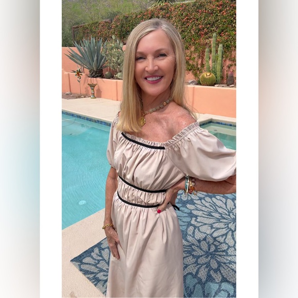 NWT BEIGE BOHO OFF/ON SHOULDER MIDI DRESS-S - Picture 6 of 15